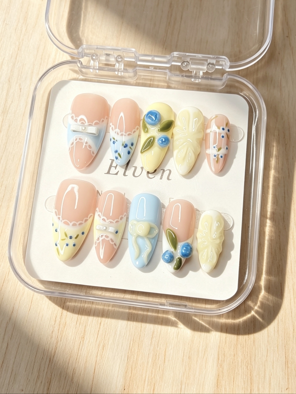 Cute Light Blue Ribbon Yellow Fruit Floral Almond Handmade Press On Nails Set
